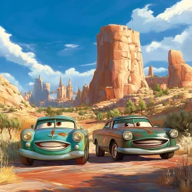 Smiling Animated Cars in Desert Landscape