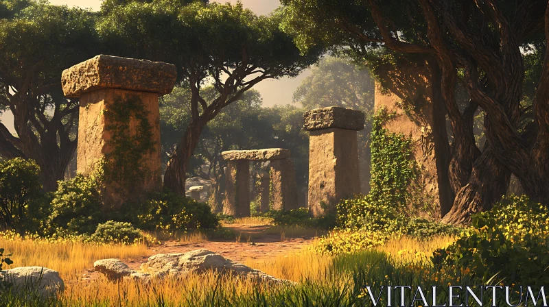 Mystical Stone Pillars in an Enchanted Forest AI Image