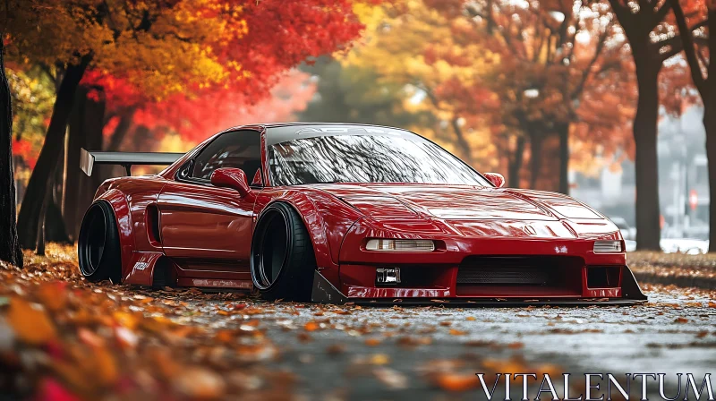 Autumn Road with Red Sports Car AI Image