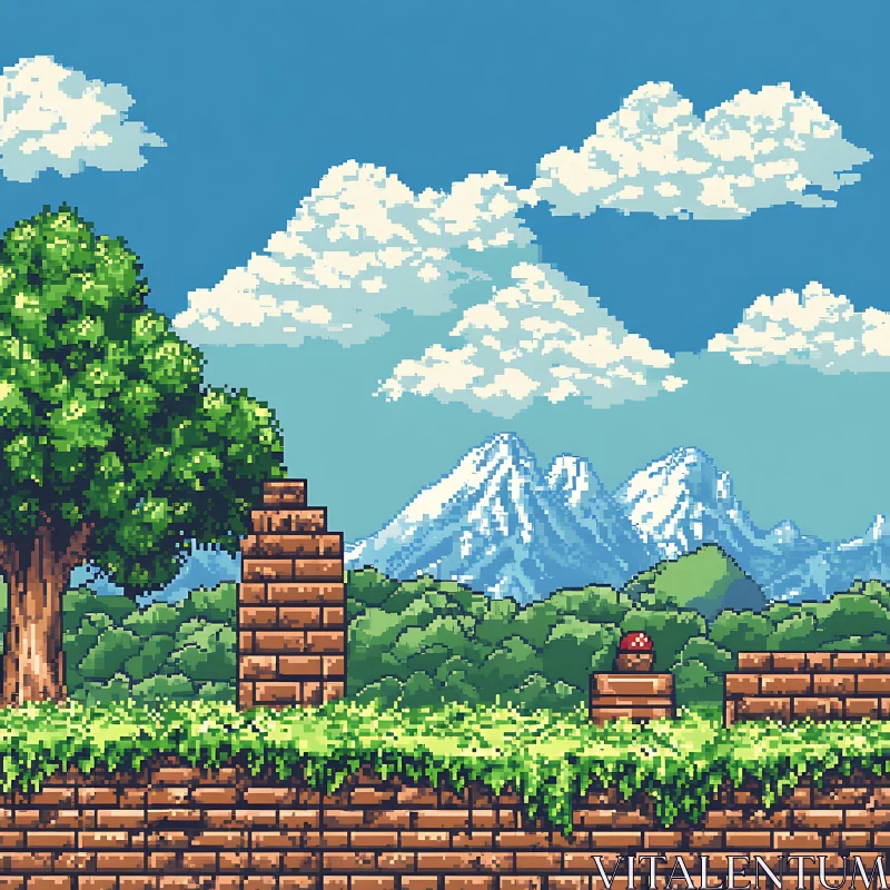 Pixelated Mountain and Forest Scene AI Image