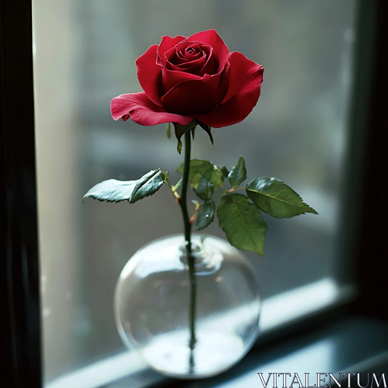 Red Rose in Round Glass Vase on Windowsill AI Image