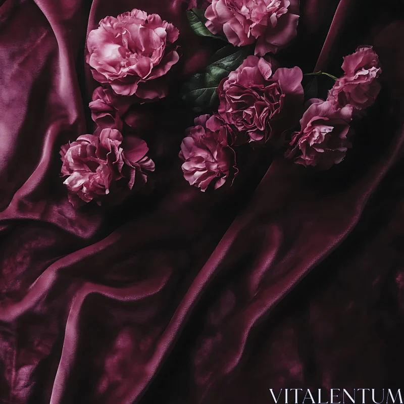 Opulent Pink Flowers with Dark Silk Background AI Image