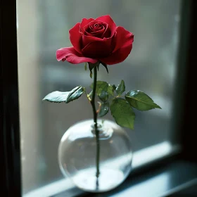 Red Rose in Round Glass Vase on Windowsill