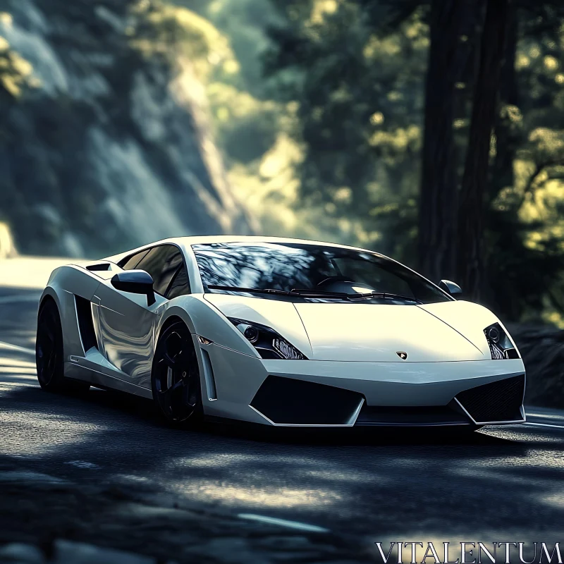 Luxury White Supercar on a Forest Road AI Image