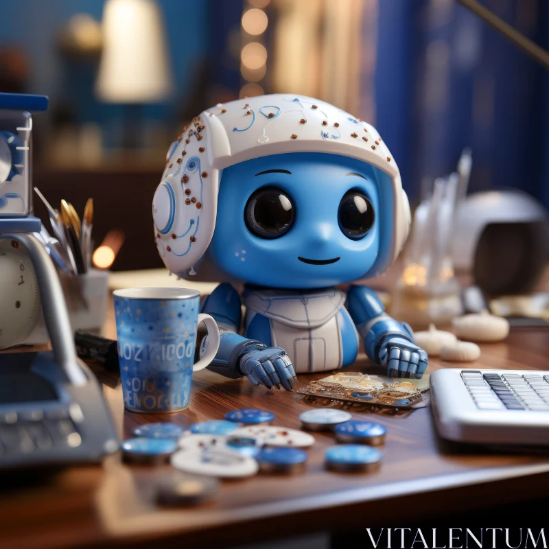 Adorable Robot Character at Desk with Coffee - Unreal Engine 5 Illustration AI Image
