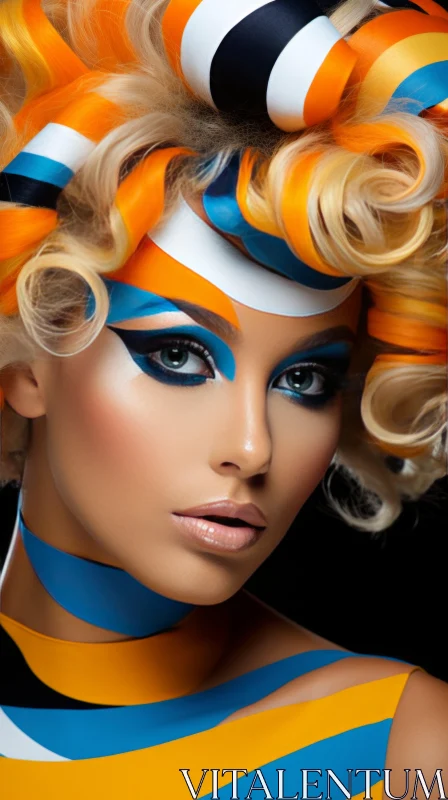 Captivating Woman with Vibrant Blue and Orange Makeup | Fashion Photography AI Image
