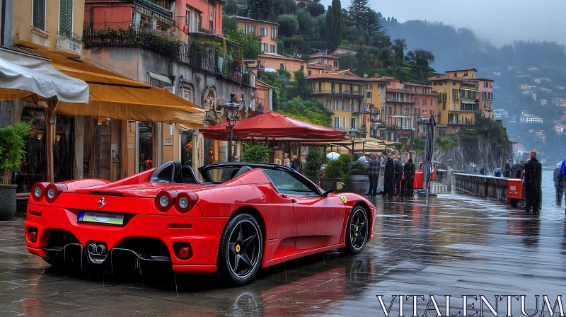 Elegant Red Sports Car in Rain AI Image