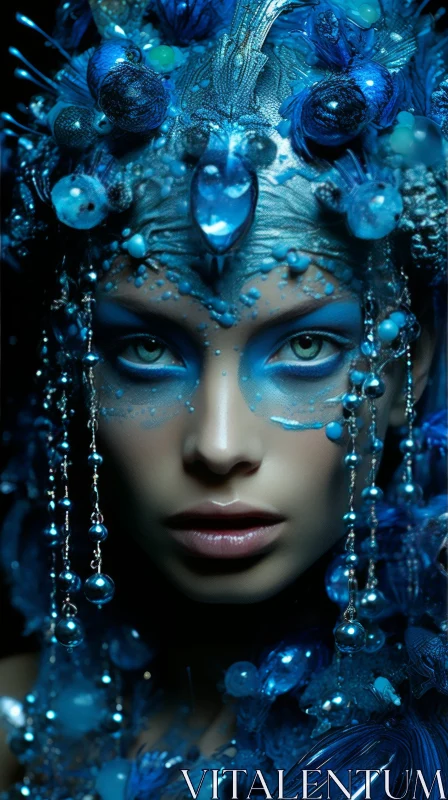 Enchanting Blue Fantasy Face with Feathers and Gems AI Image