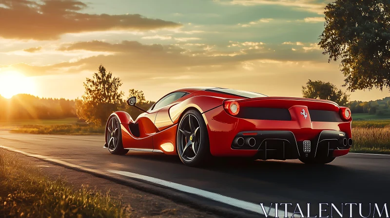 Red Sports Car at Sunset on Rural Road AI Image