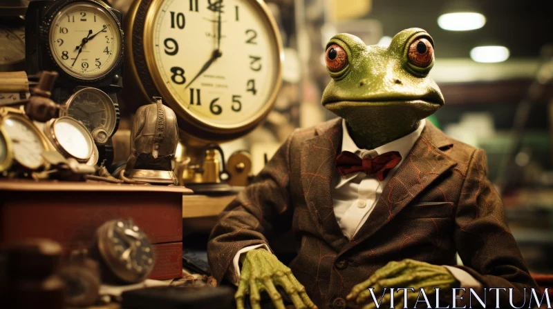 Green Frog in Suit Beside Antique Clock - Eccentric Props and Cinematic Stills AI Image