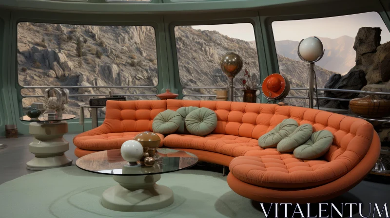 Retro Sci-Fi Styled Interior with Vibrant Orange Couch AI Image