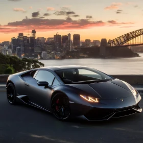 Luxury Sports Car with Urban Sunset View