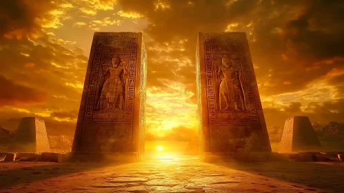 Golden Sunset Over Egyptian Stone Monuments