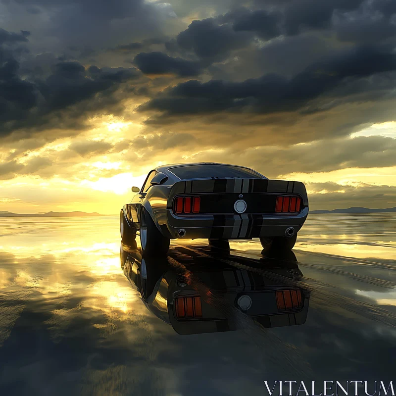 Classic Car at Sunset with Reflective Surface AI Image