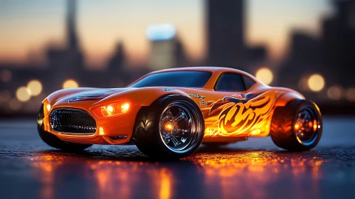 Detailed Orange Toy Car in Urban Sunset