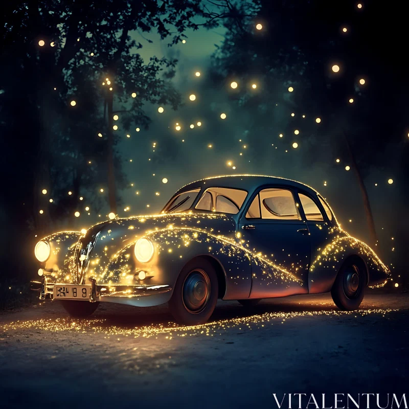 Enchanted Vintage Car in a Nighttime Forest AI Image