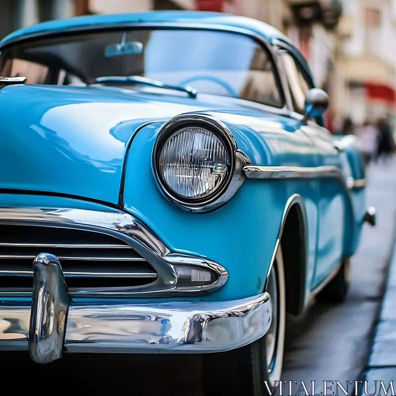 Retro Blue Car on City Street with Chrome Details AI Image