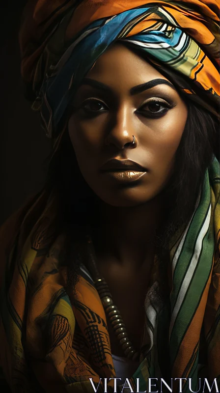 Captivating Portrait of an African Woman in a Vibrant Turban AI Image