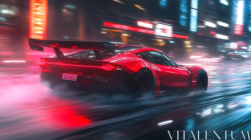 High-Speed Red Sports Car in Rainy Cityscape at Night AI Image