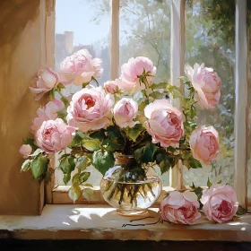 Serene Display of Pink Roses in Sunlit Interior