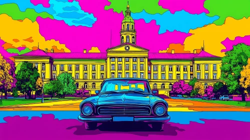 Vibrant Pop Art Cityscape Featuring Classic Car