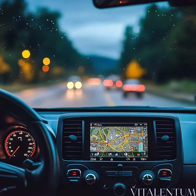 Car Dashboard with Navigation on Night Road AI Image