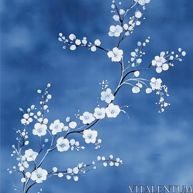 White Floral Branch on Blue AI Image