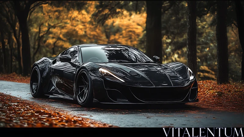 Sleek Black Car in Autumn Woods AI Image