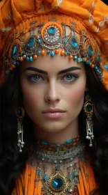Captivating Beauty: An Orange Turbaned Woman with Turquoise Stones
