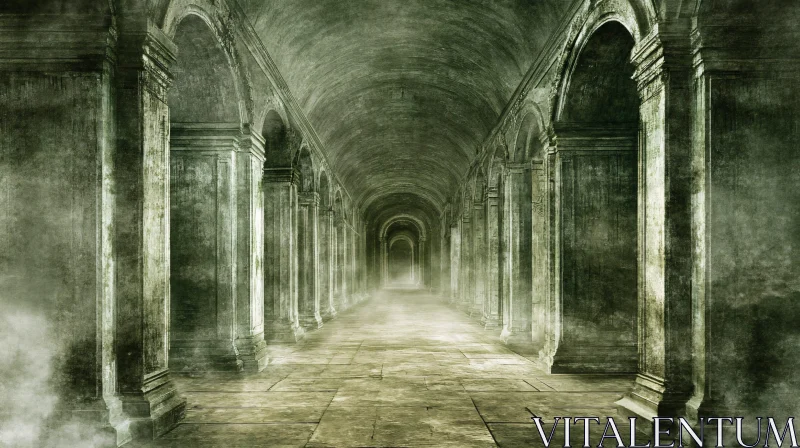 Foggy Stone Corridor with Arched Columns AI Image