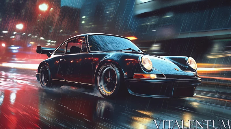 Nighttime Ride: Classic Car in Rain AI Image