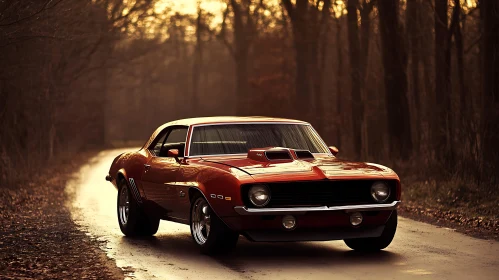 Vintage Muscle Car in Autumn Forest