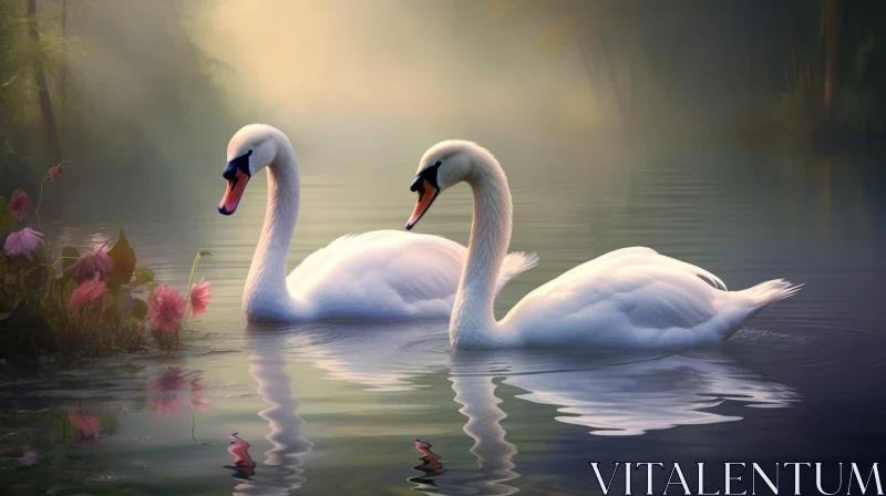 Romantic Swans Swimming in Lake - Tonalist Nature Artwork AI Image
