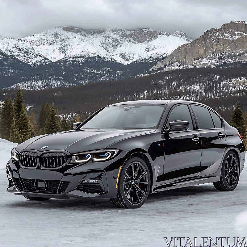 Luxurious Black BMW with Mountainous Backdrop AI Image