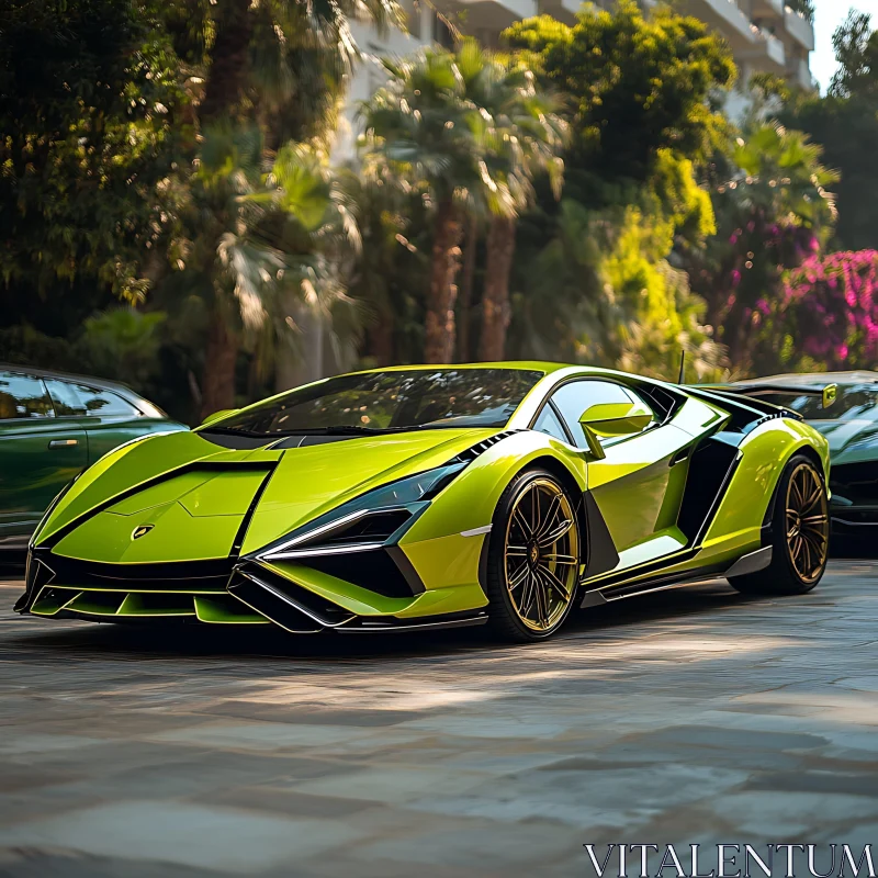 Sleek Green Sports Car in a Sunny Outdoor Setting AI Image