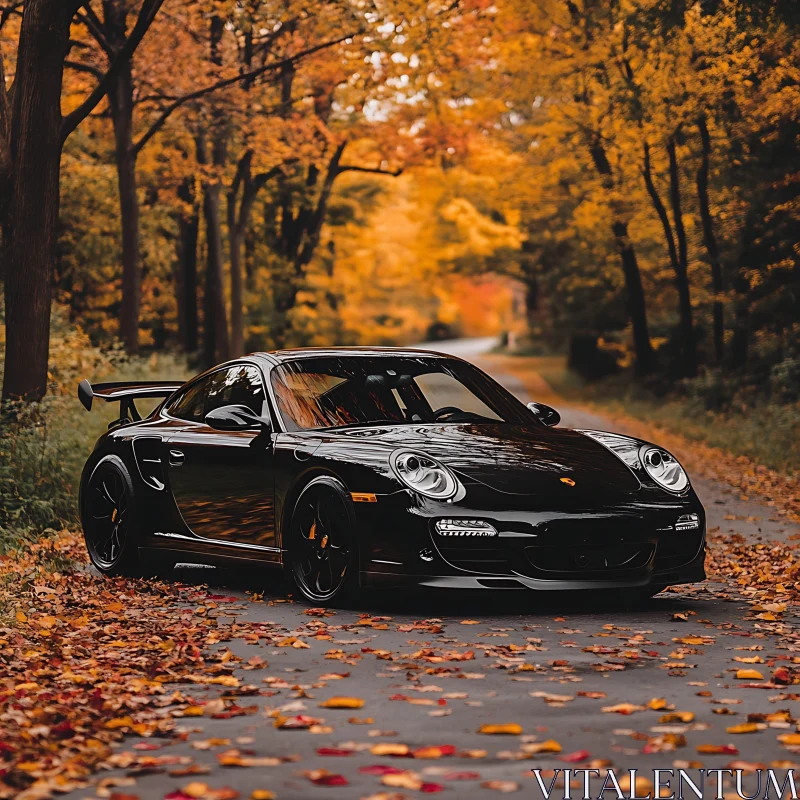 Black Sports Car in Vibrant Fall Leaves AI Image