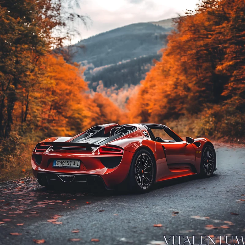 Luxurious Red Convertible in Breathtaking Autumn Landscape AI Image