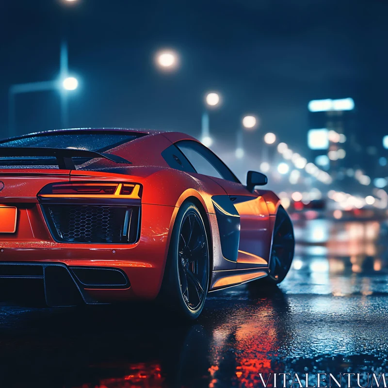 Sleek Red Car Under City Lights AI Image