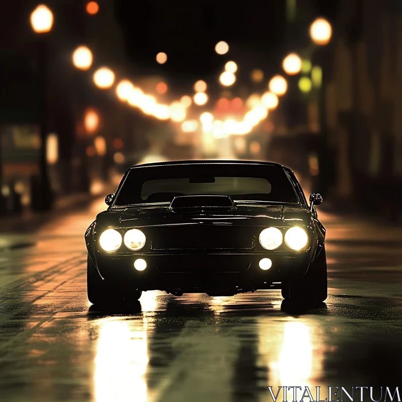 Retro Car with Headlights On in Cityscape AI Image