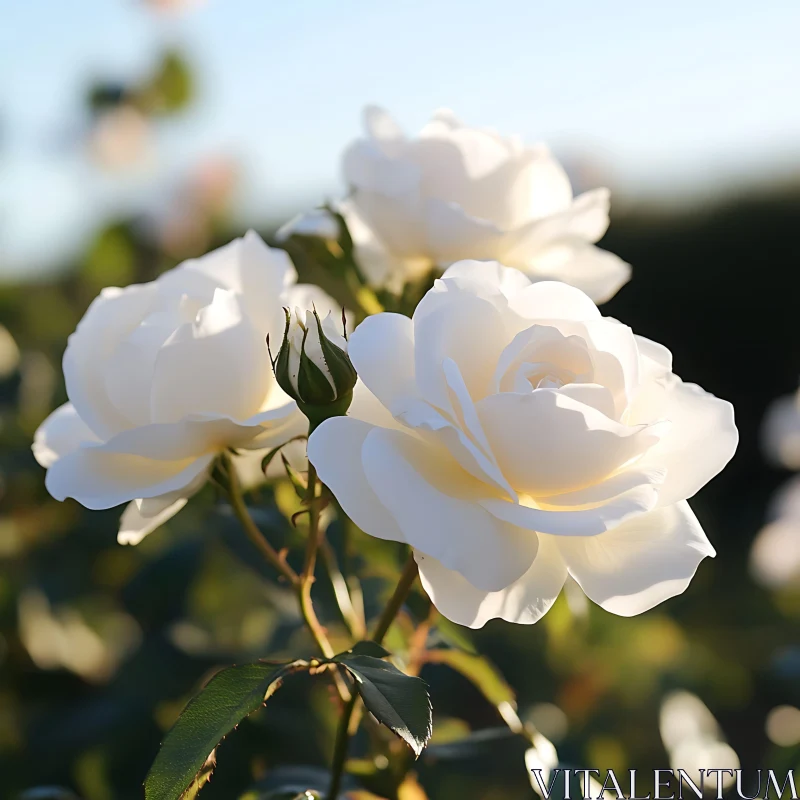 Sunlit Garden with White Roses AI Image