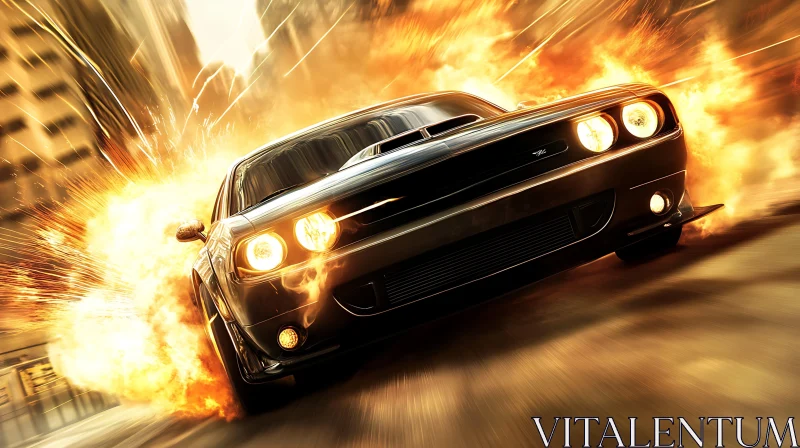 Sport Car in Fiery Urban Landscape AI Image