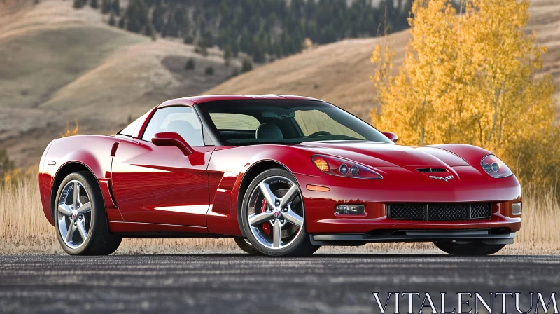 Glossy Red Sports Car in Autumn AI Image