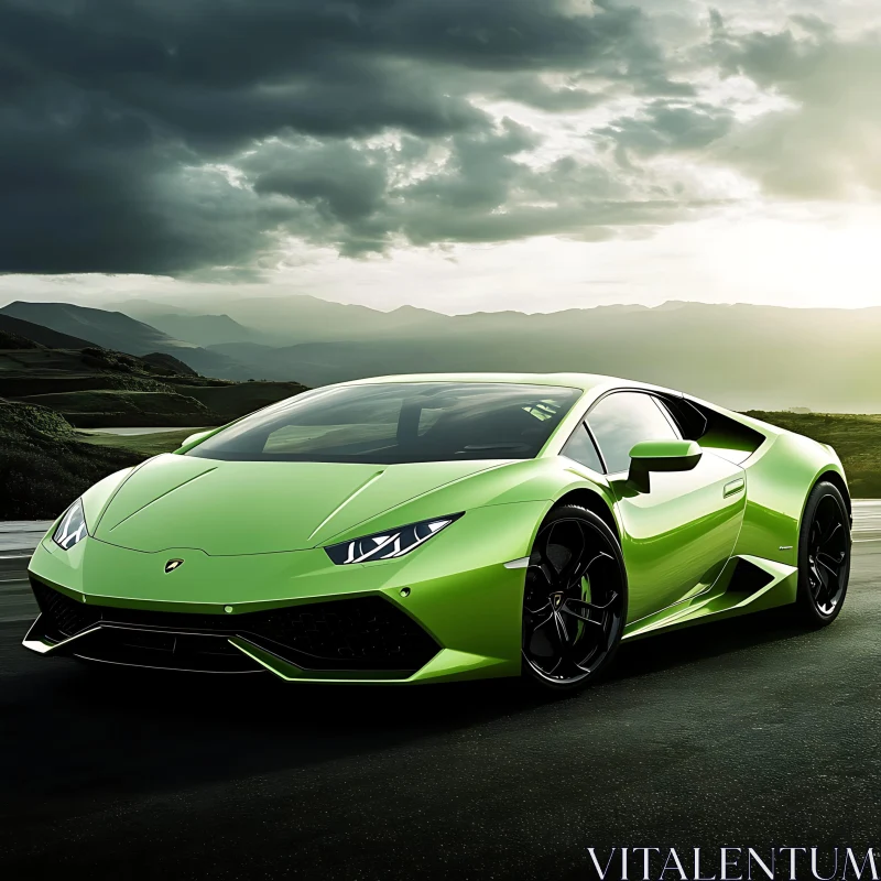 Luxurious Green Supercar with Mountain View AI Image