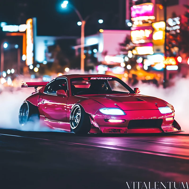 Red Sports Car Drifting in Neon-Lit Night City AI Image