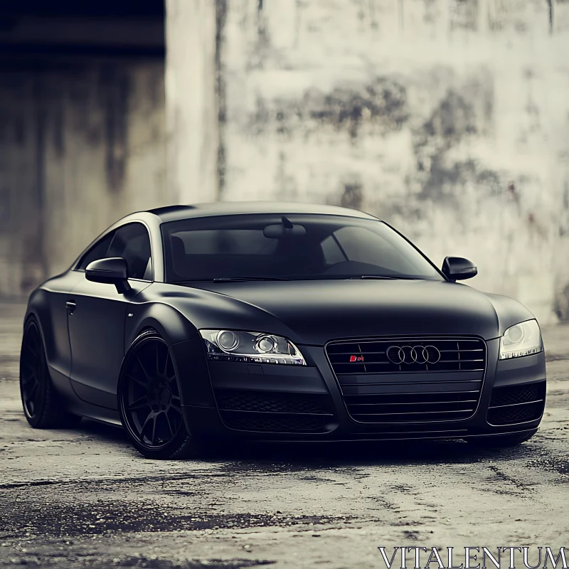 Matte Black Sports Car with Industrial Backdrop AI Image