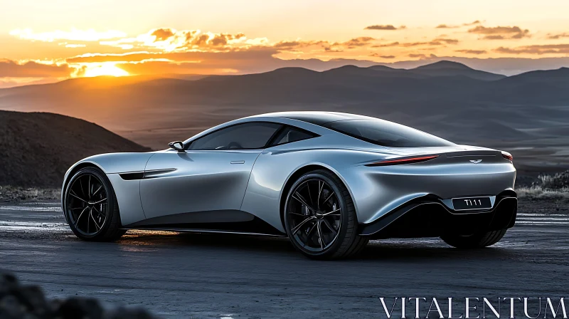 Luxury Silver Car against Mountain Sunset AI Image