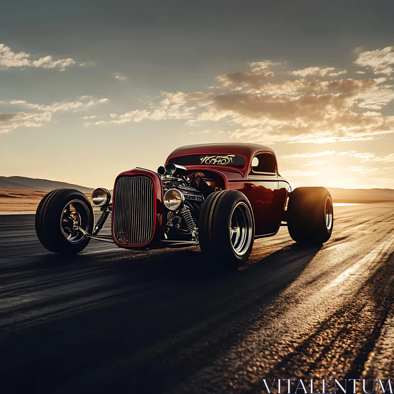 Classic Hot Rod Car on Deserted Road at Sunset AI Image