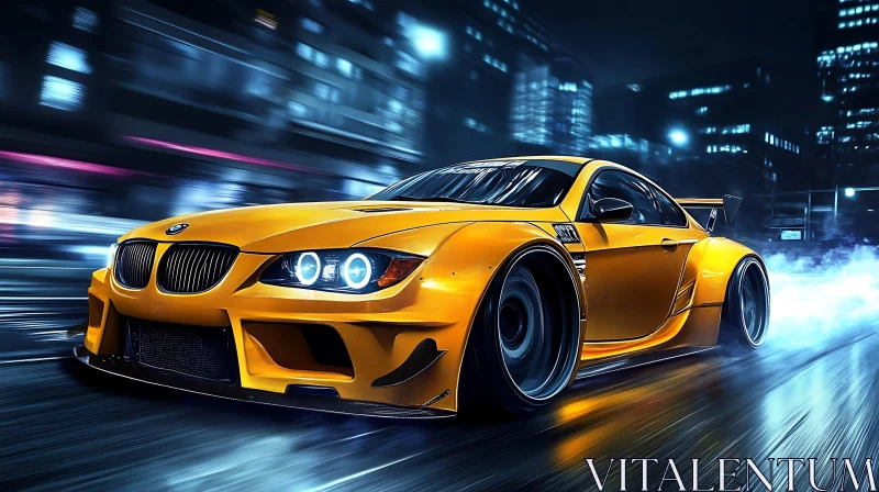 AI ART High-Speed Nighttime City Drive in a Yellow Sports Car