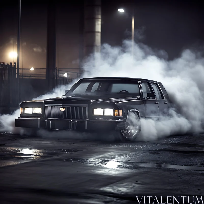 Classic Car Emitting Smoke on Dimly Lit Street AI Image