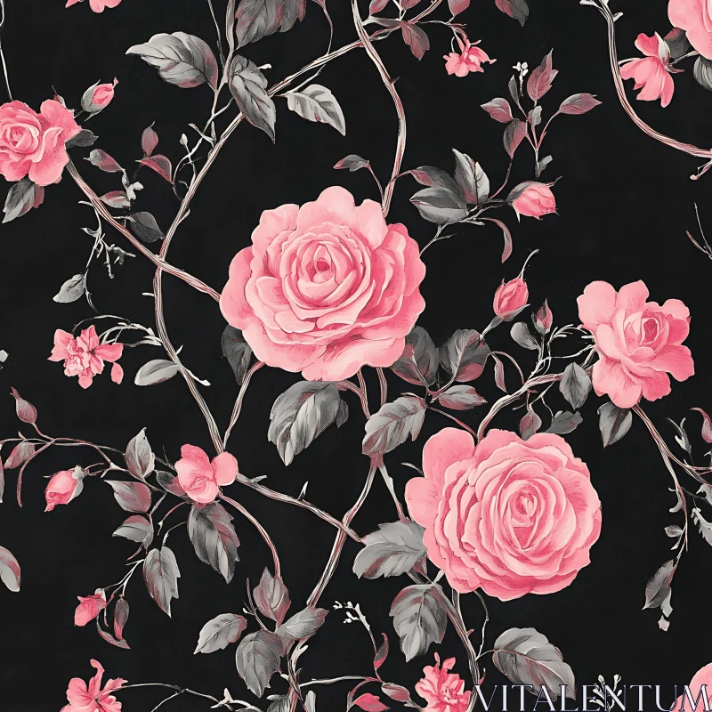 Intricate Pink Roses Illustration on Black AI Image